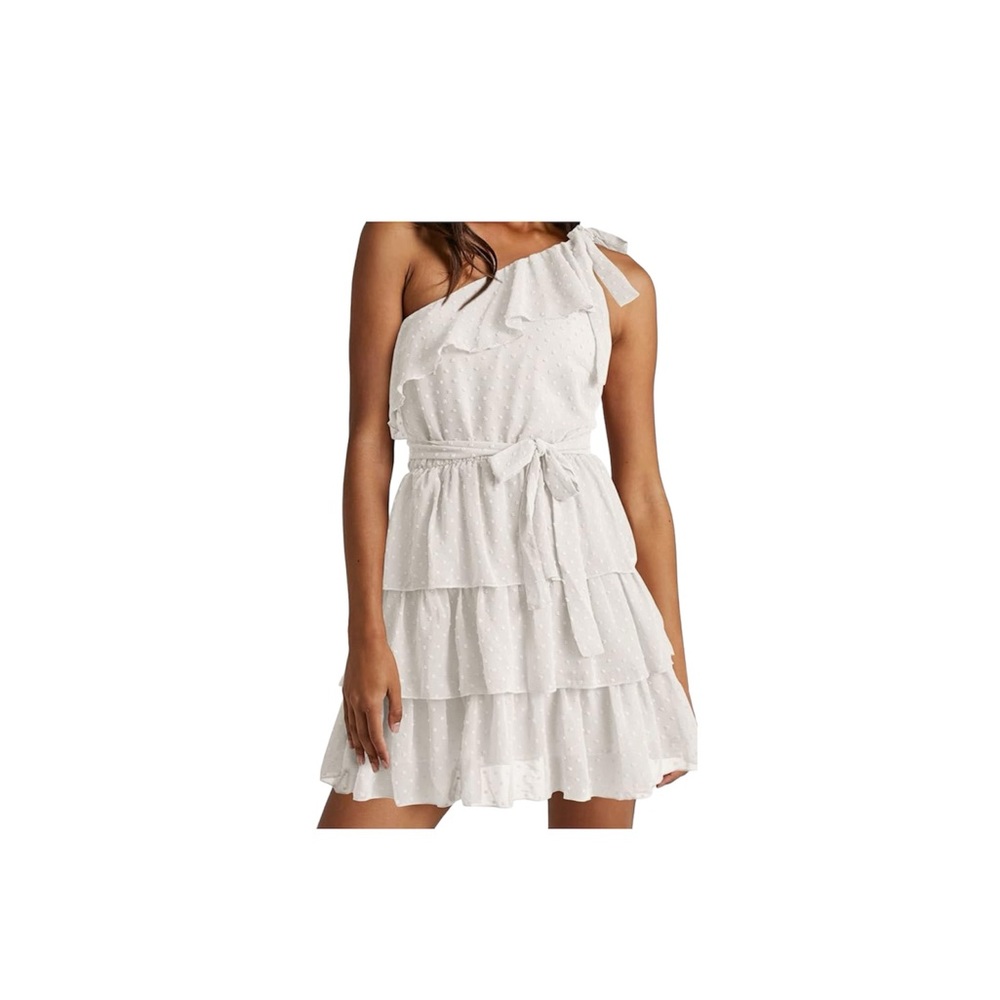 BNWT One Shoulder Dress Swiss Dot Boho High Waist Ruffle Tiered A Line Dress
